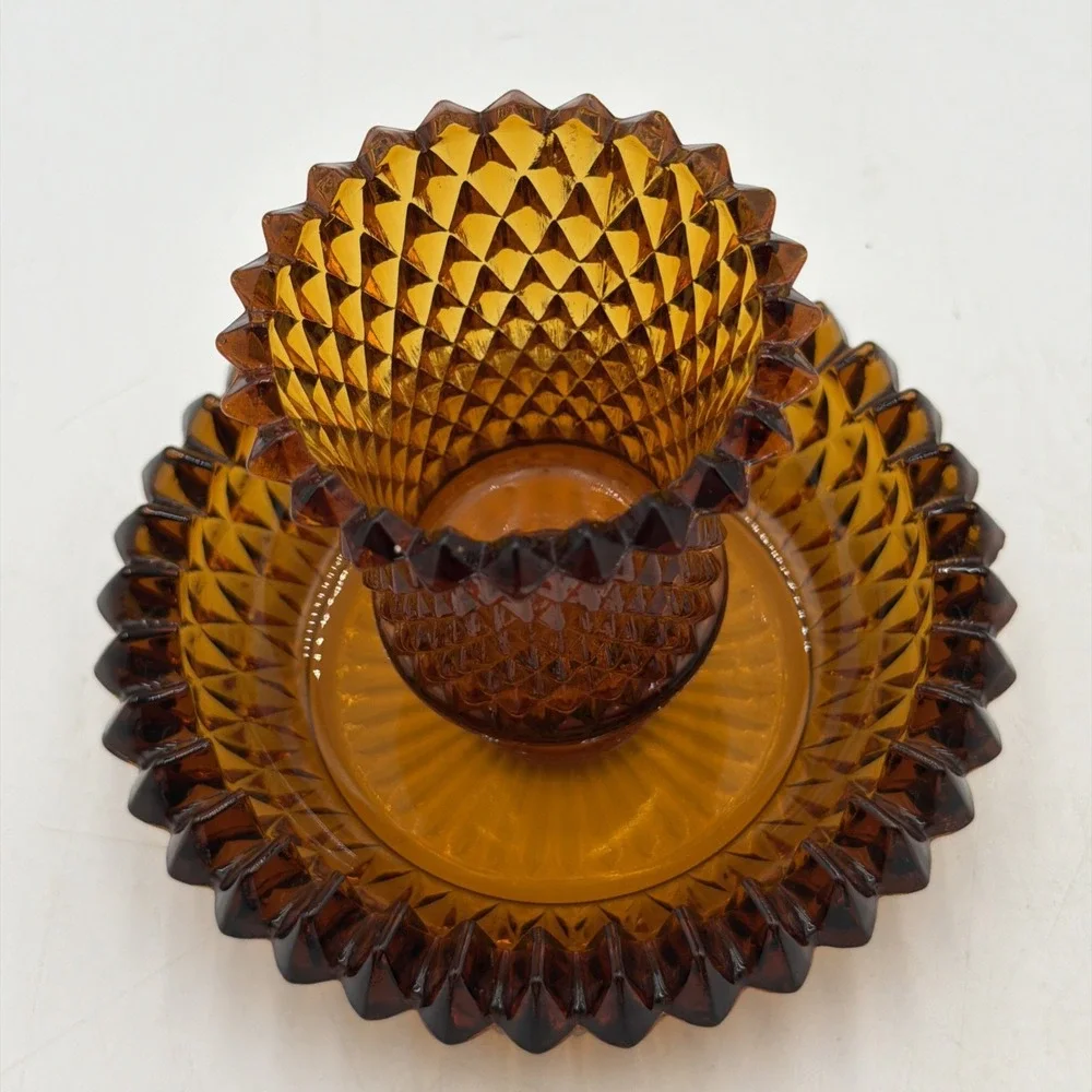 Vintage Indiana Glass Amber Diamond Point Candle Holder/Votive Cup 5